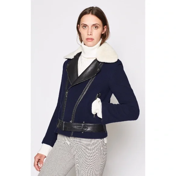 NWT JOIE FAYANA WOOL- LEATHER COZY NAVY MOTO JACKET - Picture 11 of 13